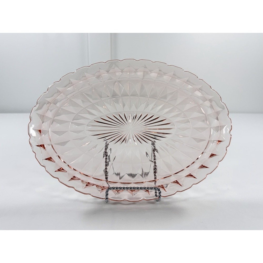 Vintage Jeannette Pink Windsor Glass 11" Oval Platter Vanity Tray Jewelry Plate